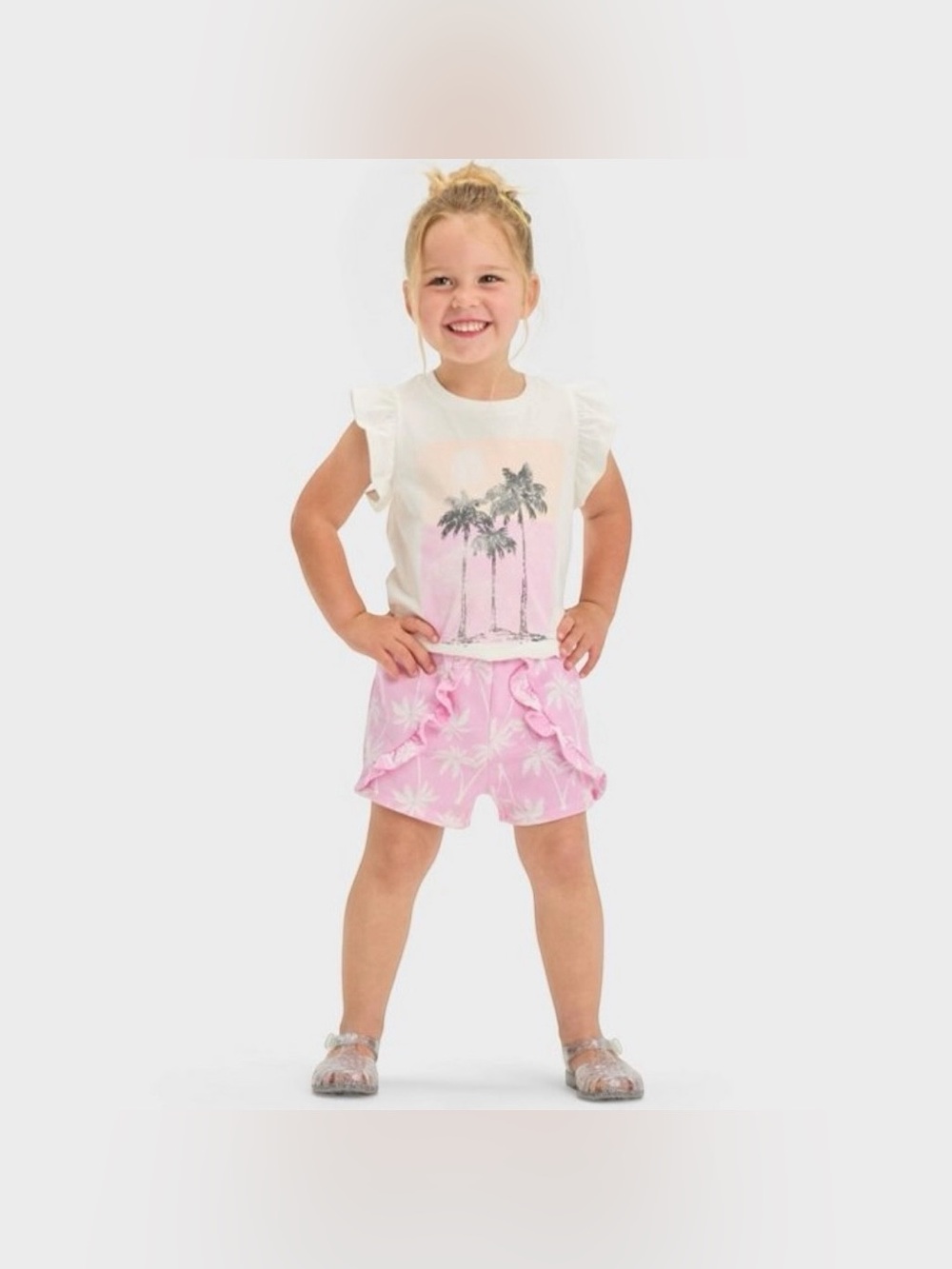 Grayson Mini Toddler Flutter Sleeve Palm Tree Print & French Terry Shorts Set 3T